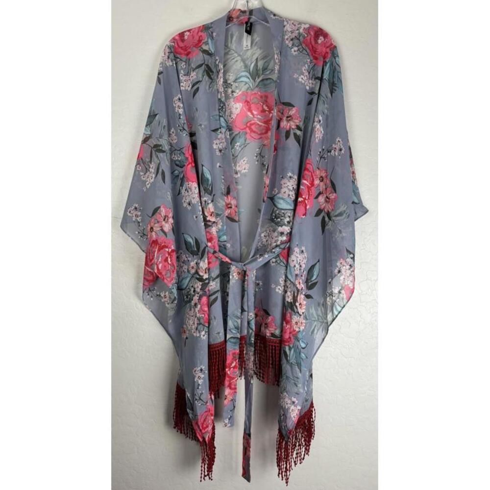 Adore Me Kimono Robe Belted Satin Floral Sexy Intimates Fringe M Blue Red 1776